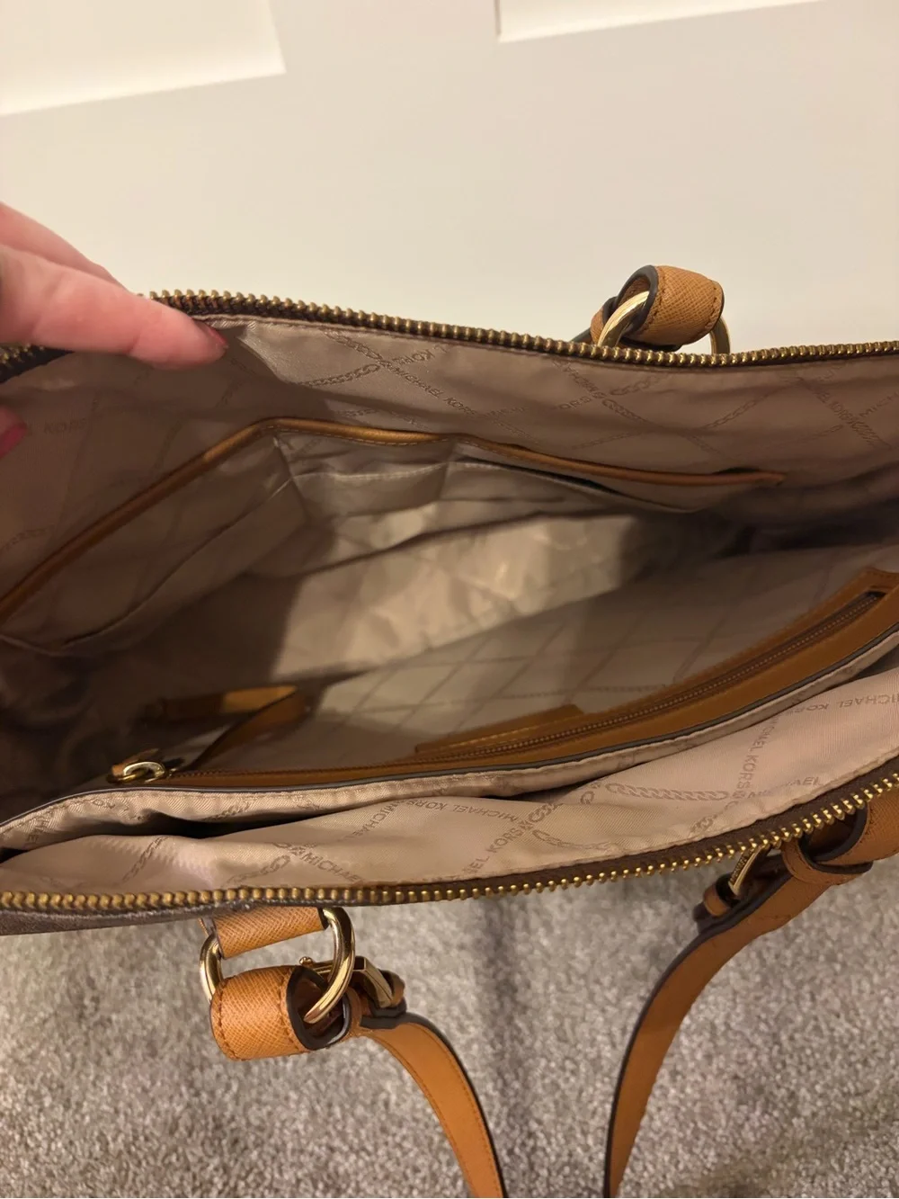 Michael Kors Brown Logo Tote with Tan Leather Handles - Picture 3 of 4